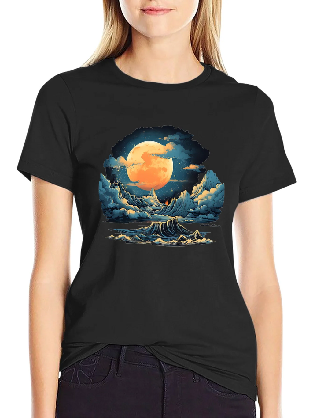 Full Moon Ocean Wave Graphic Tee - Stylish Black T-Shirt product image 2