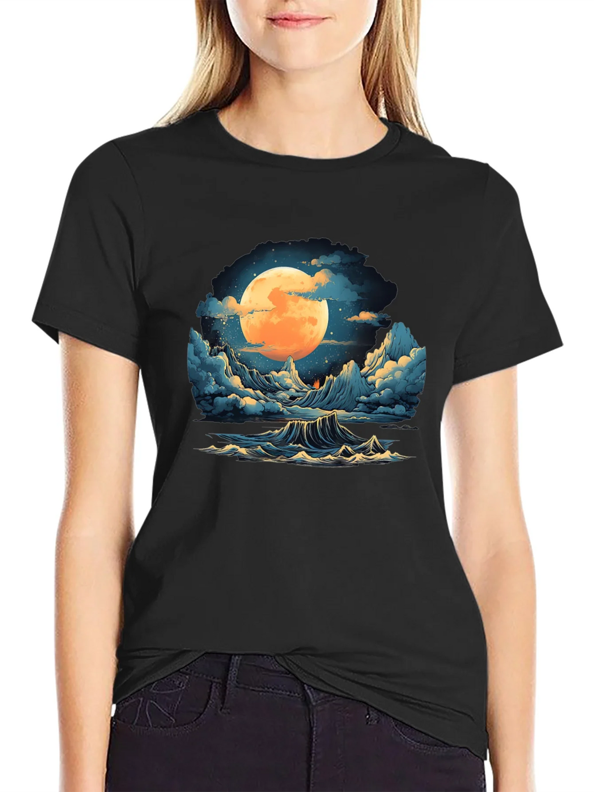Full Moon Ocean Wave Graphic Tee - Stylish Black T-Shirt product image 2