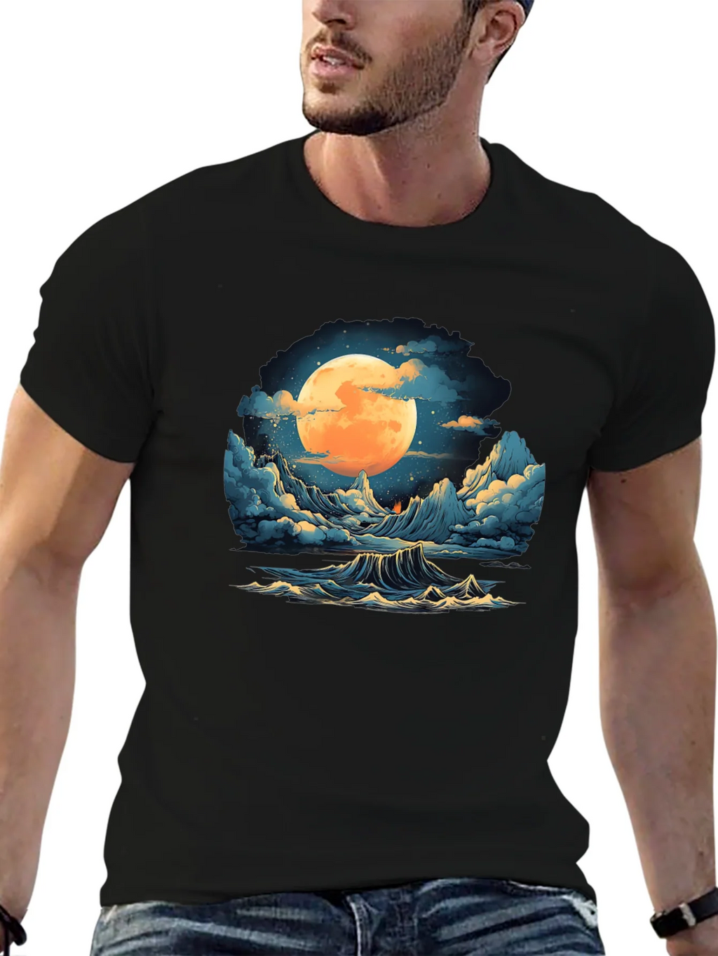 Full Moon Ocean Wave Graphic Tee - Stylish Black T-Shirt product image 6