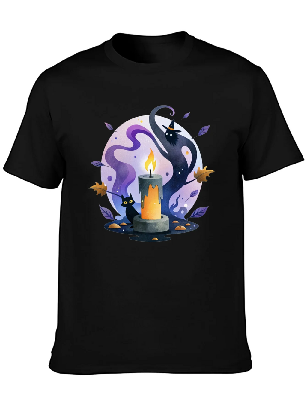 Spooky Halloween Candle T-Shirt - Cat & Witch Design product image 3