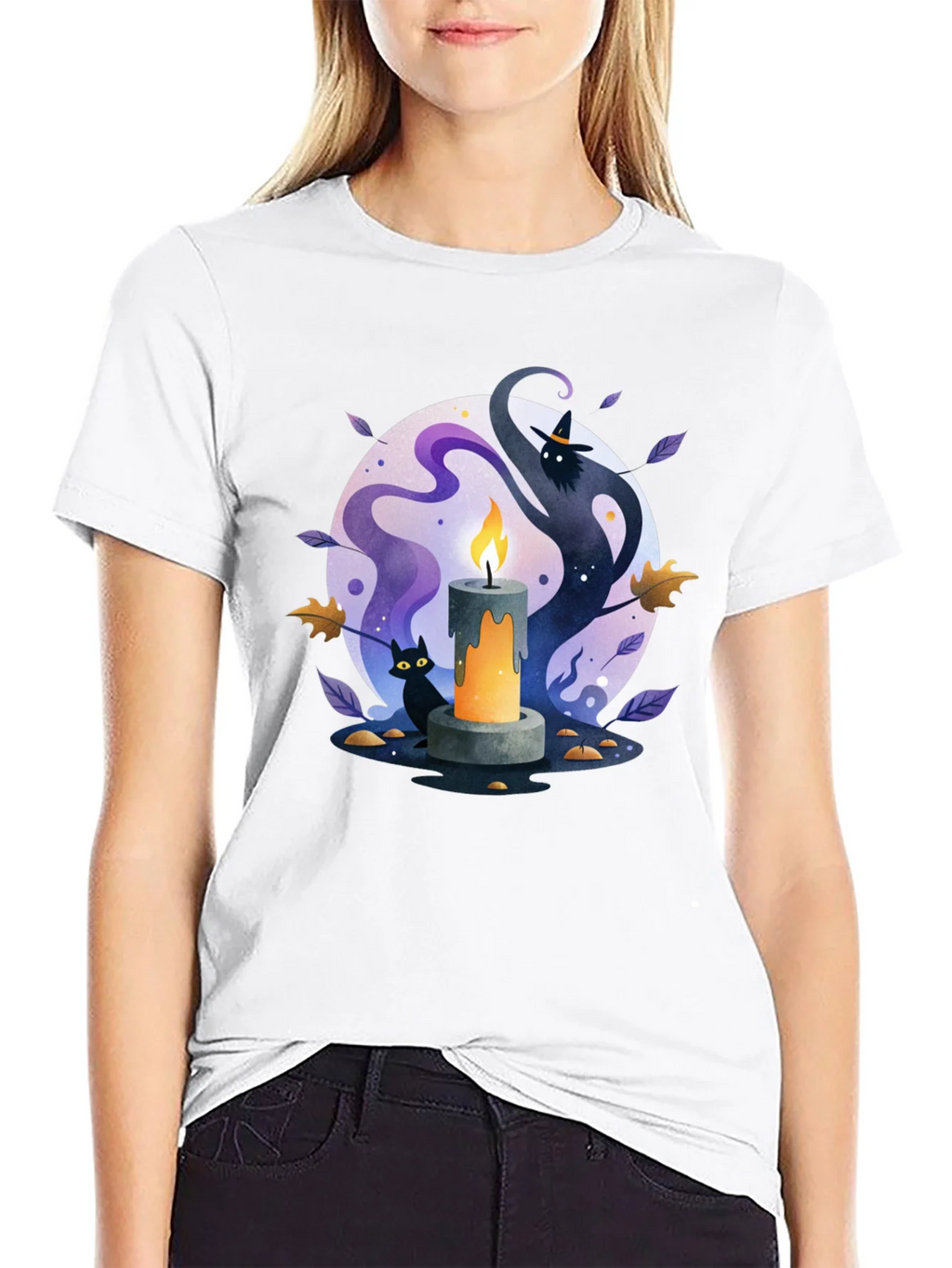 Spooky Halloween Candle T-Shirt - Cat & Witch Design product image 8