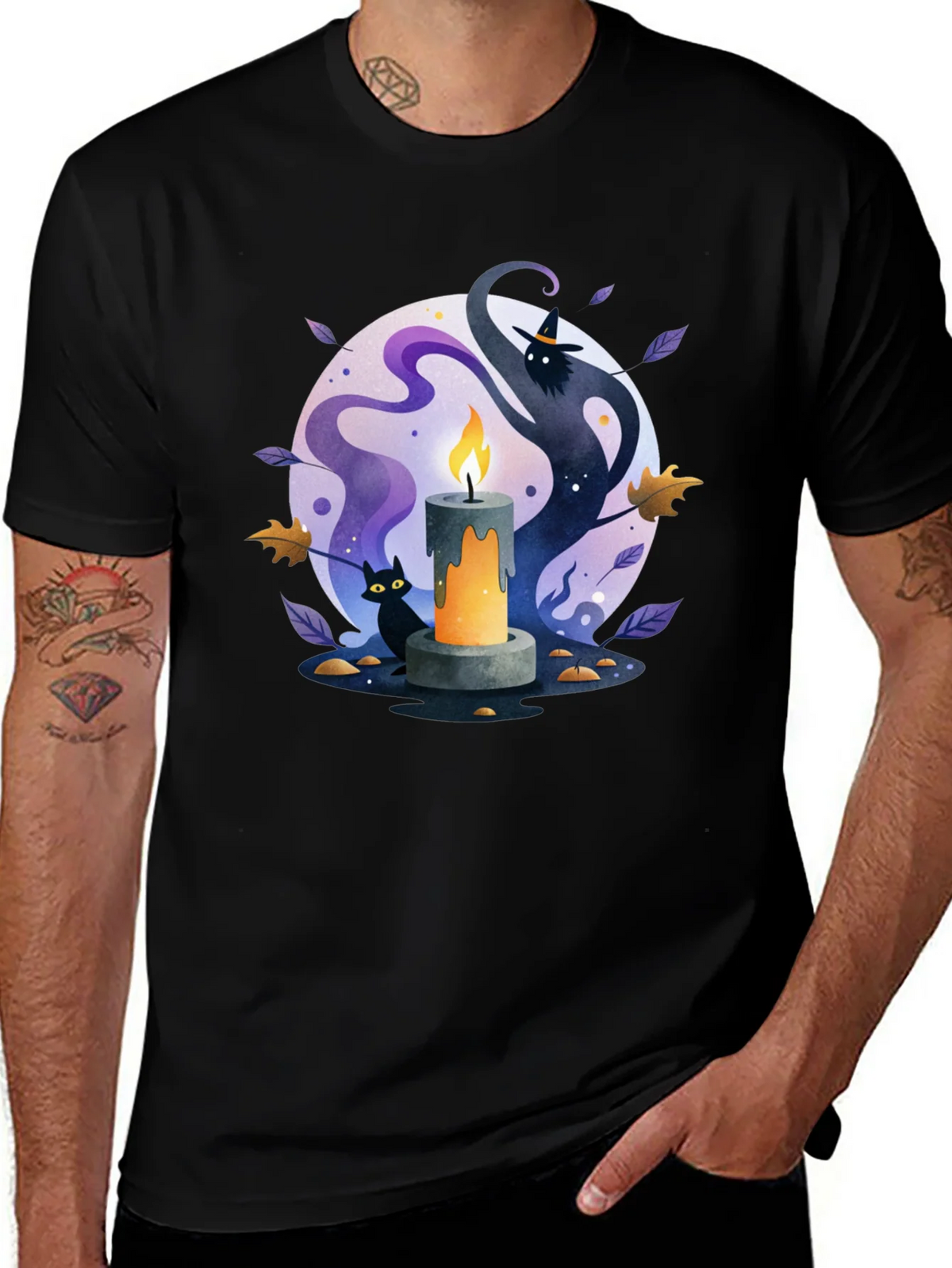 Spooky Halloween Candle T-Shirt - Cat & Witch Design product image 1