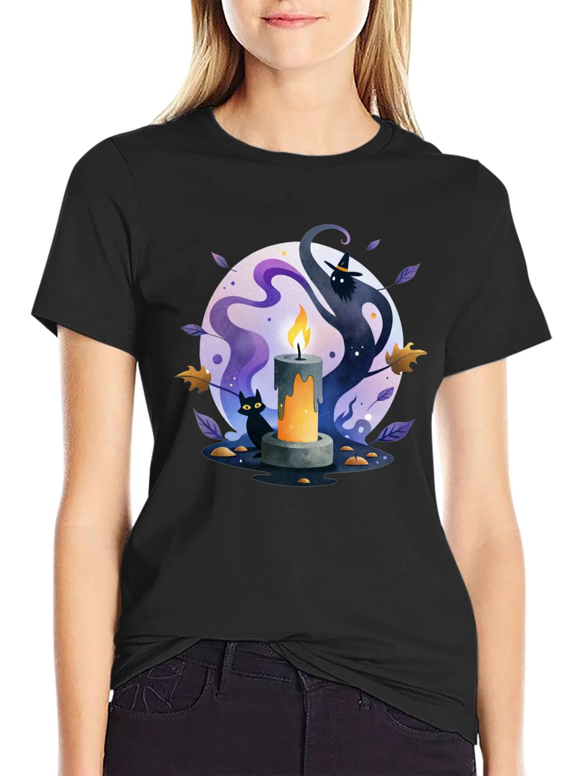 Spooky Halloween Candle T-Shirt - Cat & Witch Design product image 2