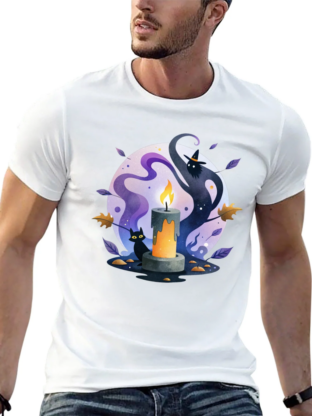 Spooky Halloween Candle T-Shirt - Cat & Witch Design product image 12