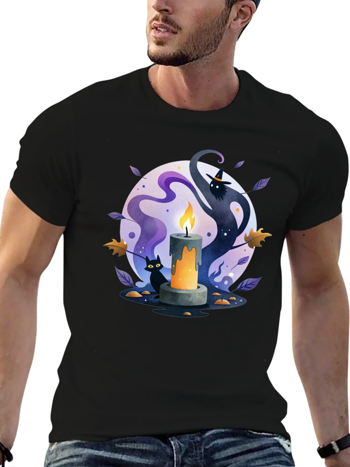 Spooky Halloween Candle T-Shirt - Cat & Witch Design product image 6