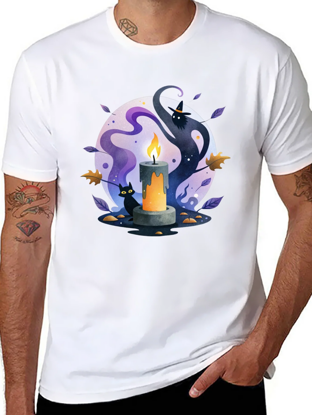 Spooky Halloween Candle T-Shirt - Cat & Witch Design product image 7