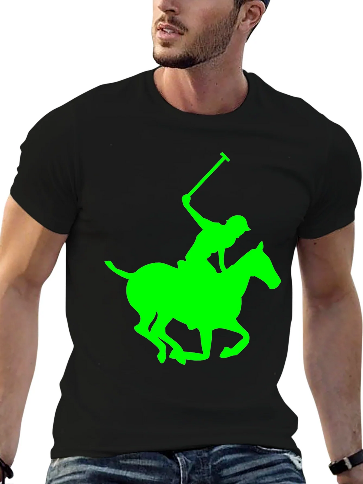 Black Polo T-Shirt with Neon Green Horse and Rider Graphic product image 6