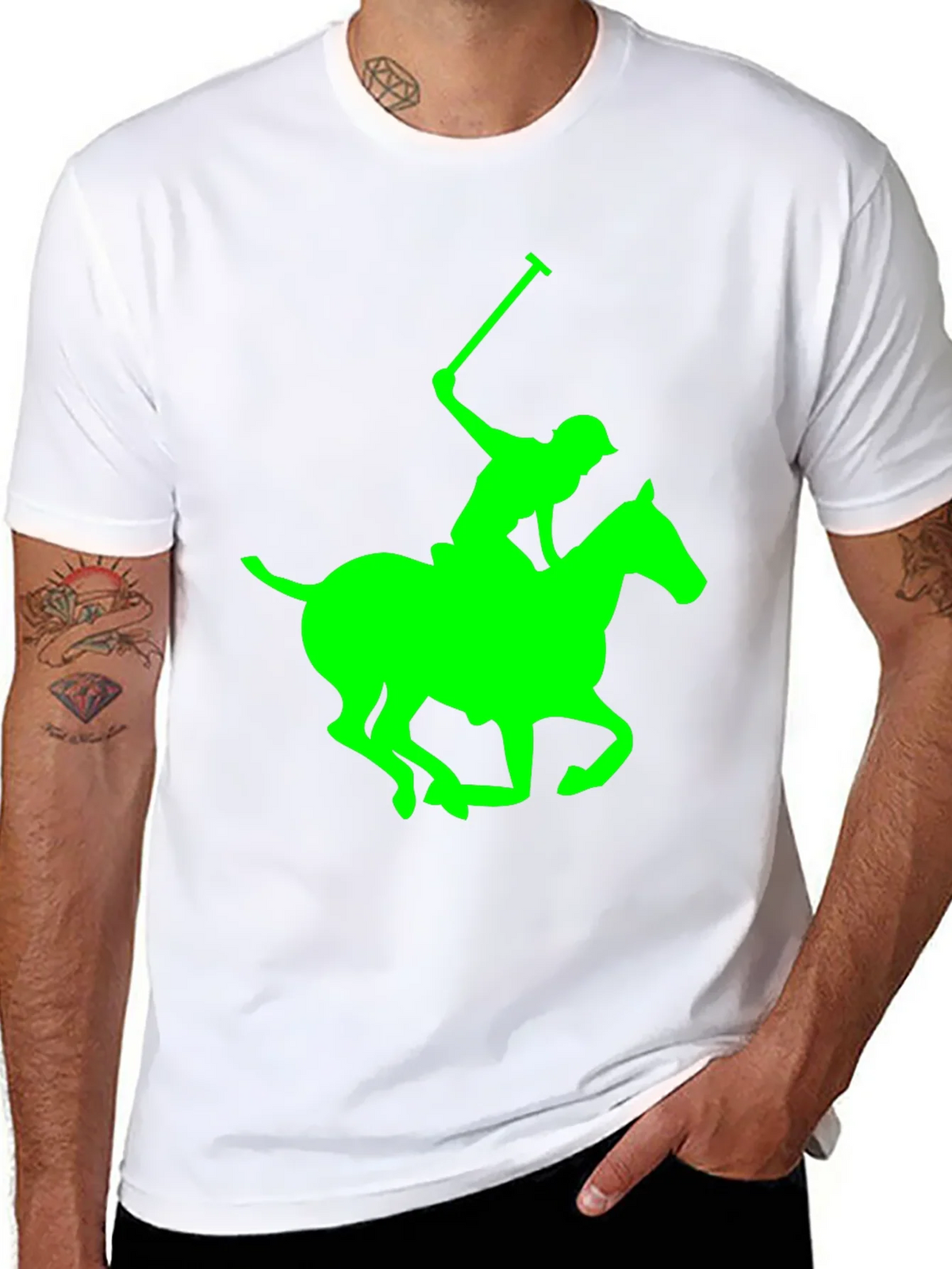 Black Polo T-Shirt with Neon Green Horse and Rider Graphic product image 7