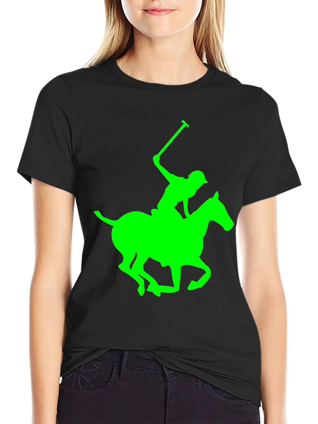 Black Polo T-Shirt with Neon Green Horse and Rider Graphic product image 2