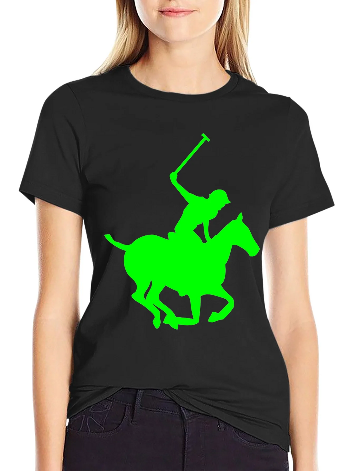 Black Polo T-Shirt with Neon Green Horse and Rider Graphic product image 2