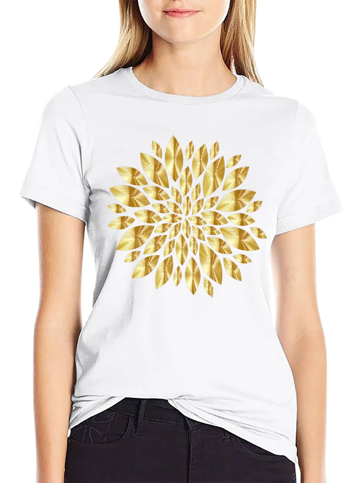 Gold Floral Pattern Black T-Shirt product image 8