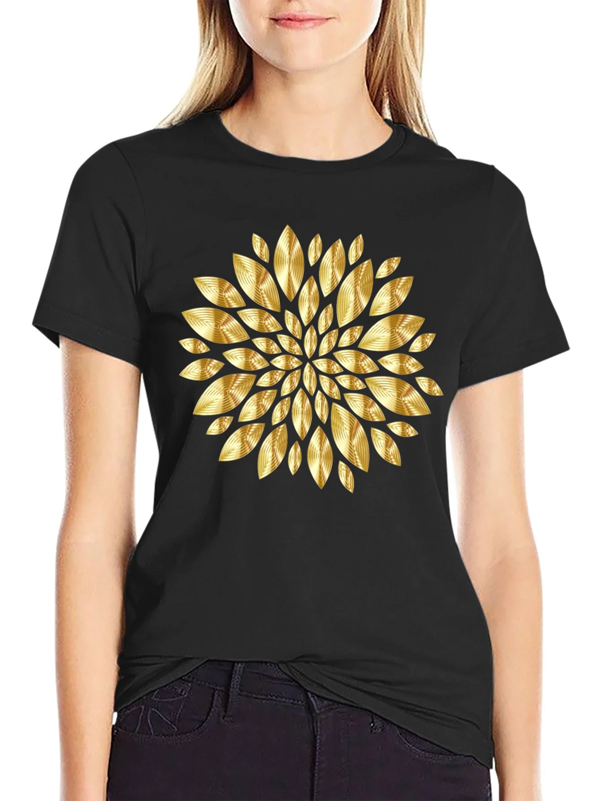 Gold Floral Pattern Black T-Shirt product image 2