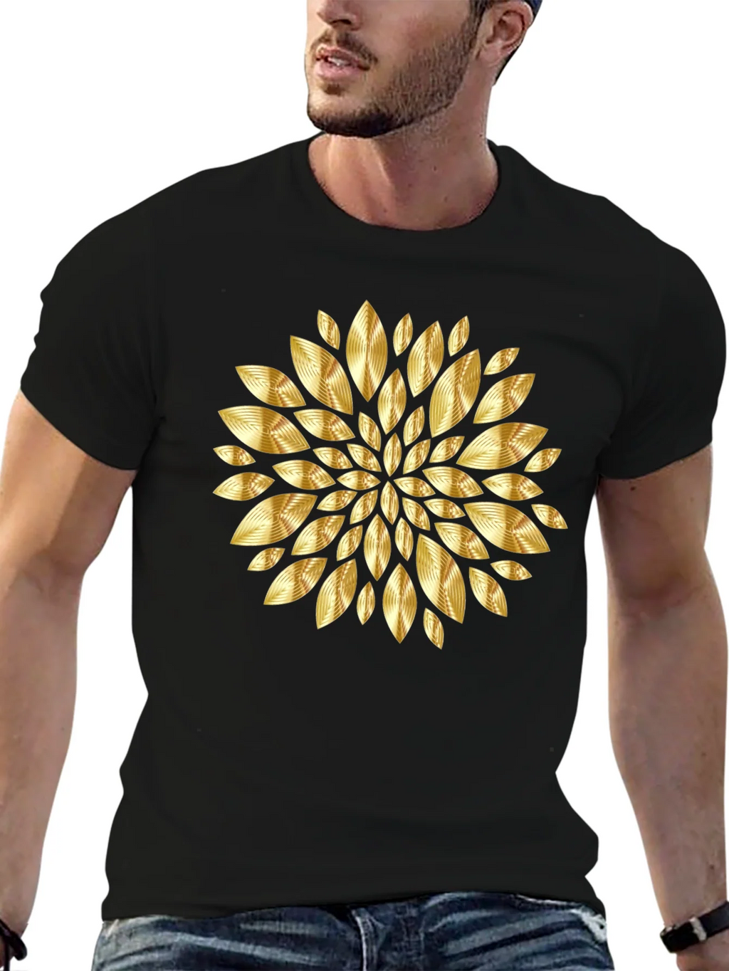 Gold Floral Pattern Black T-Shirt product image 6