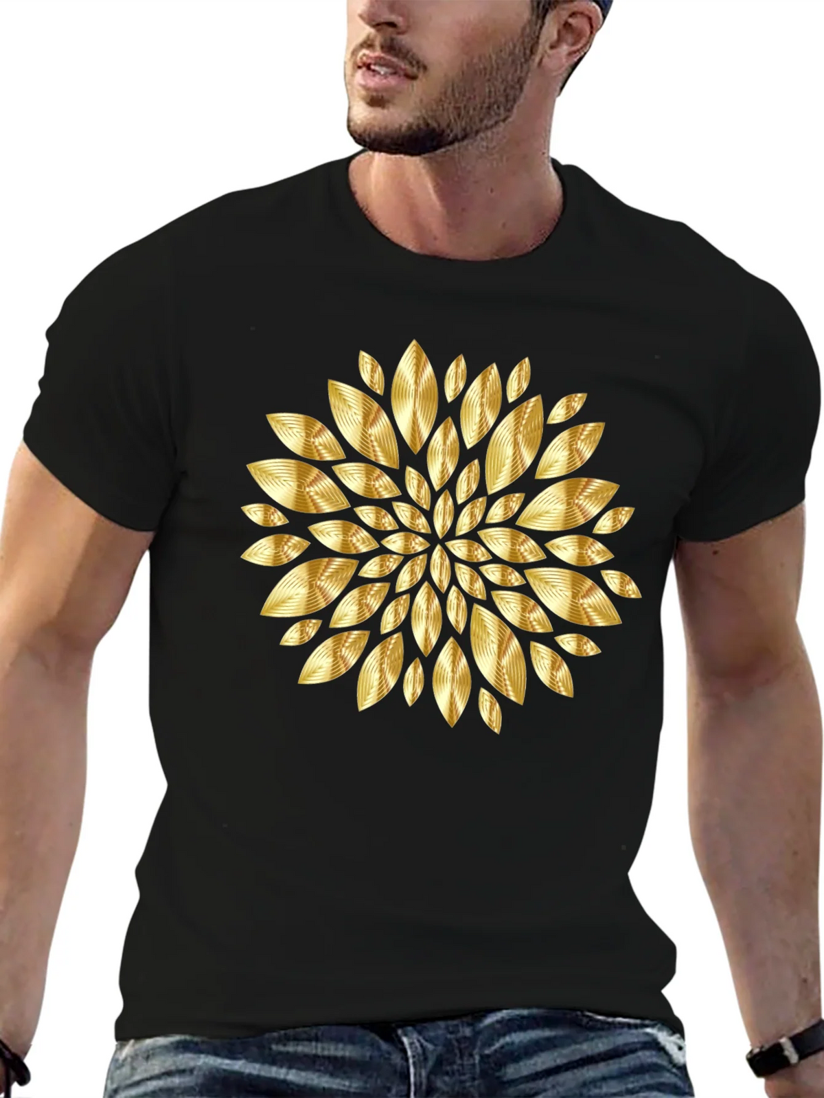 Gold Floral Pattern Black T-Shirt product image 6