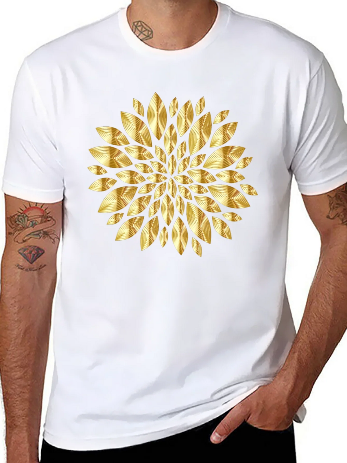 Gold Floral Pattern Black T-Shirt product image 7