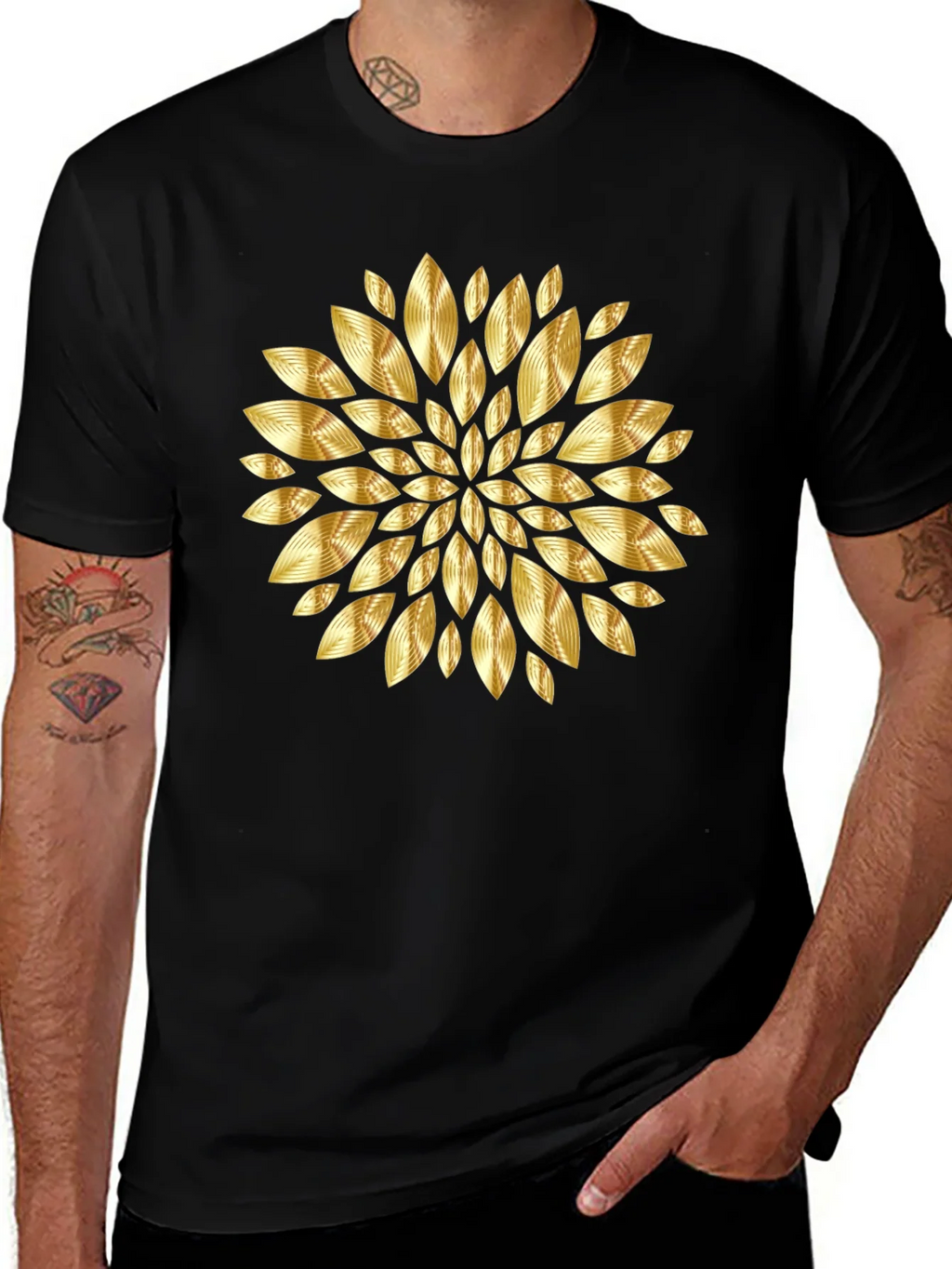 Gold Floral Pattern Black T-Shirt product image 1