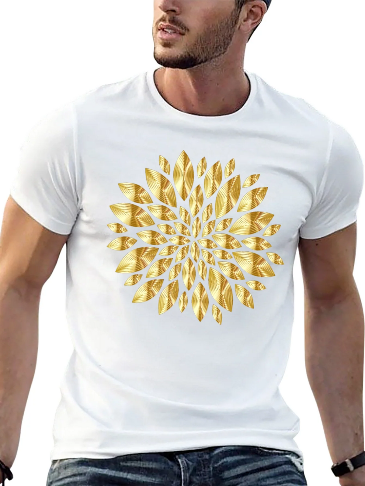 Gold Floral Pattern Black T-Shirt product image 12