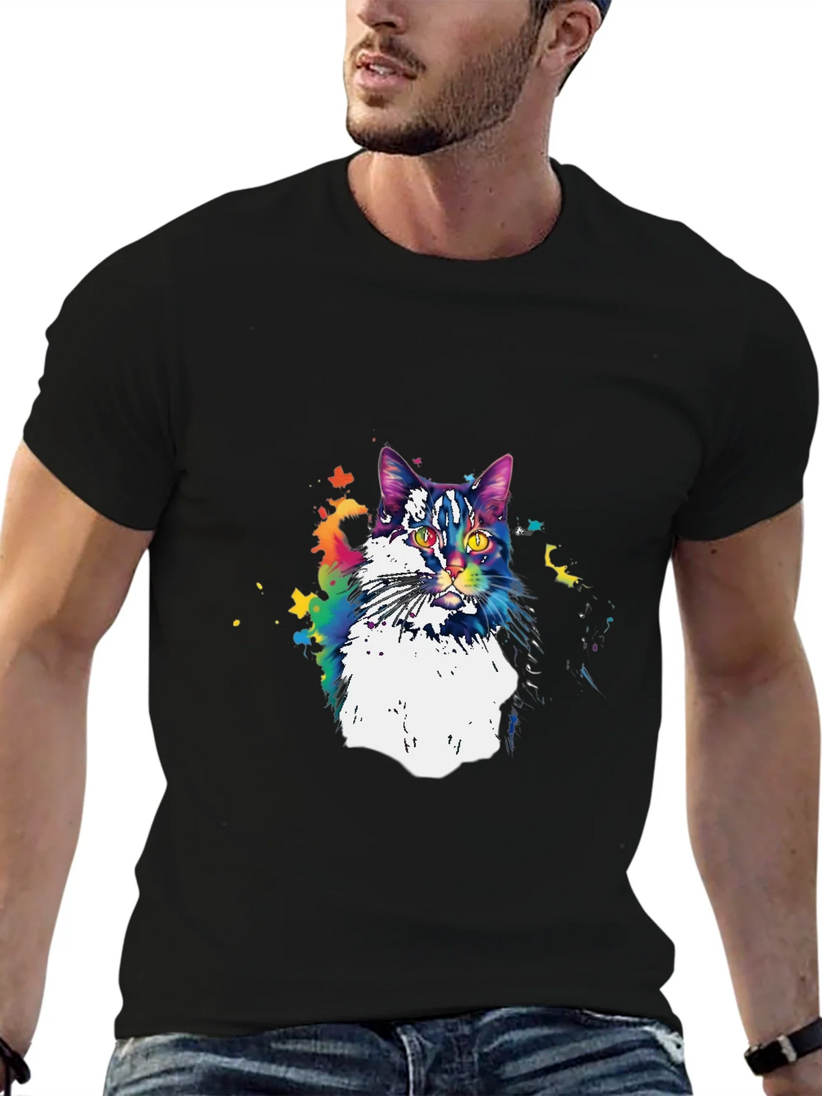 Colorful Cat Graphic T-Shirt - Black product image 6