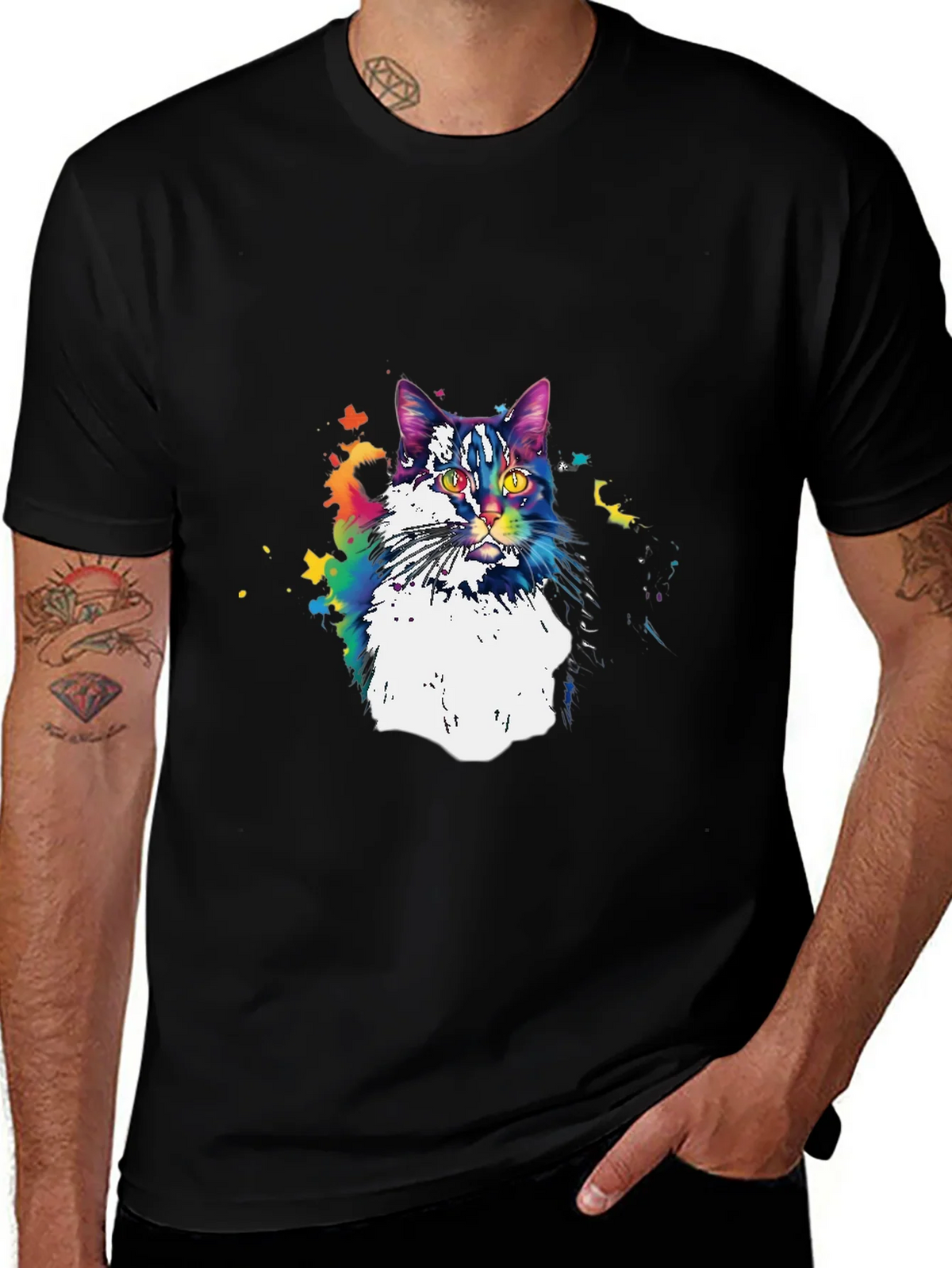 Colorful Cat Graphic T-Shirt - Black product image 1