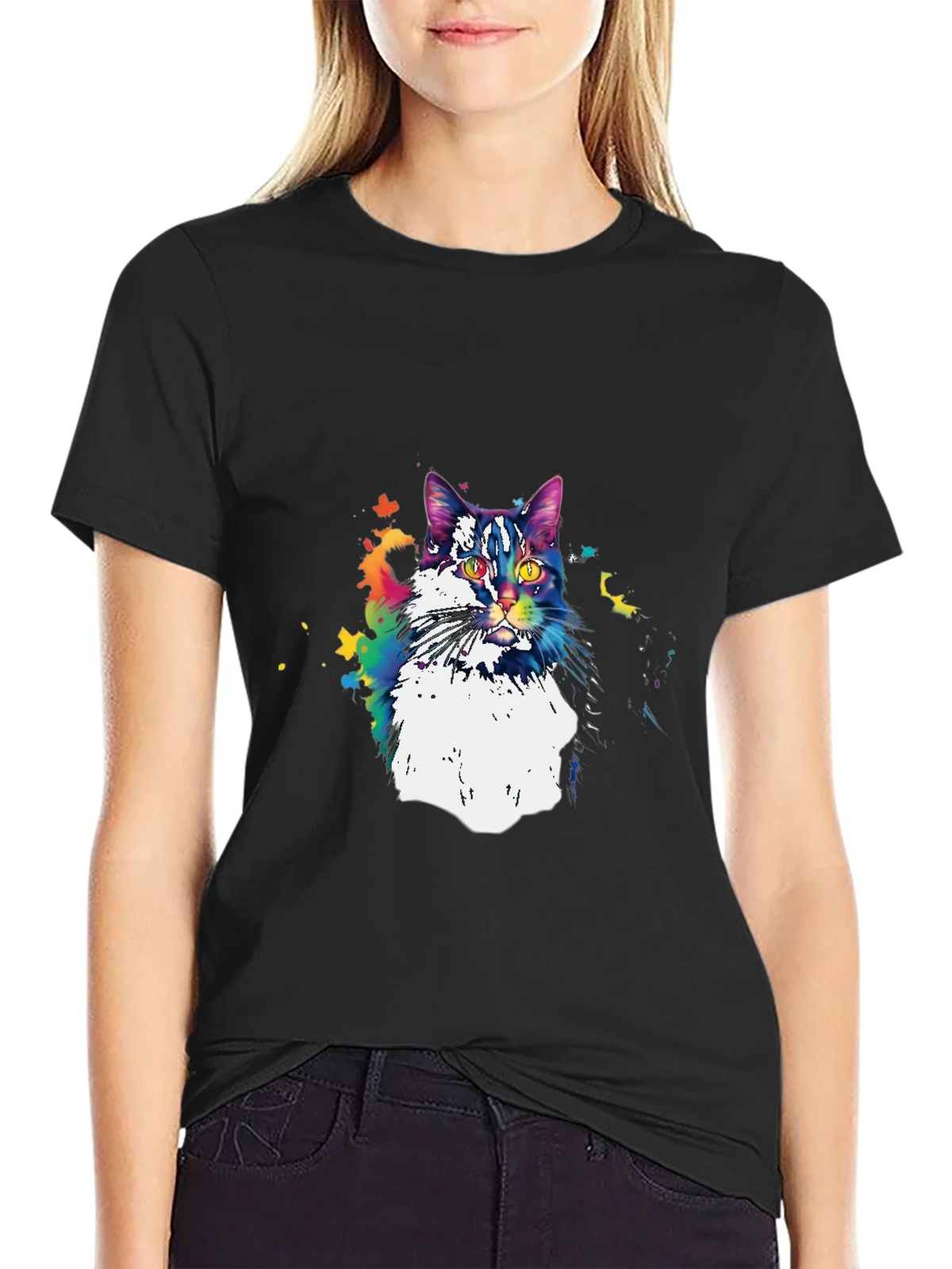 Colorful Cat Graphic T-Shirt - Black product image 2