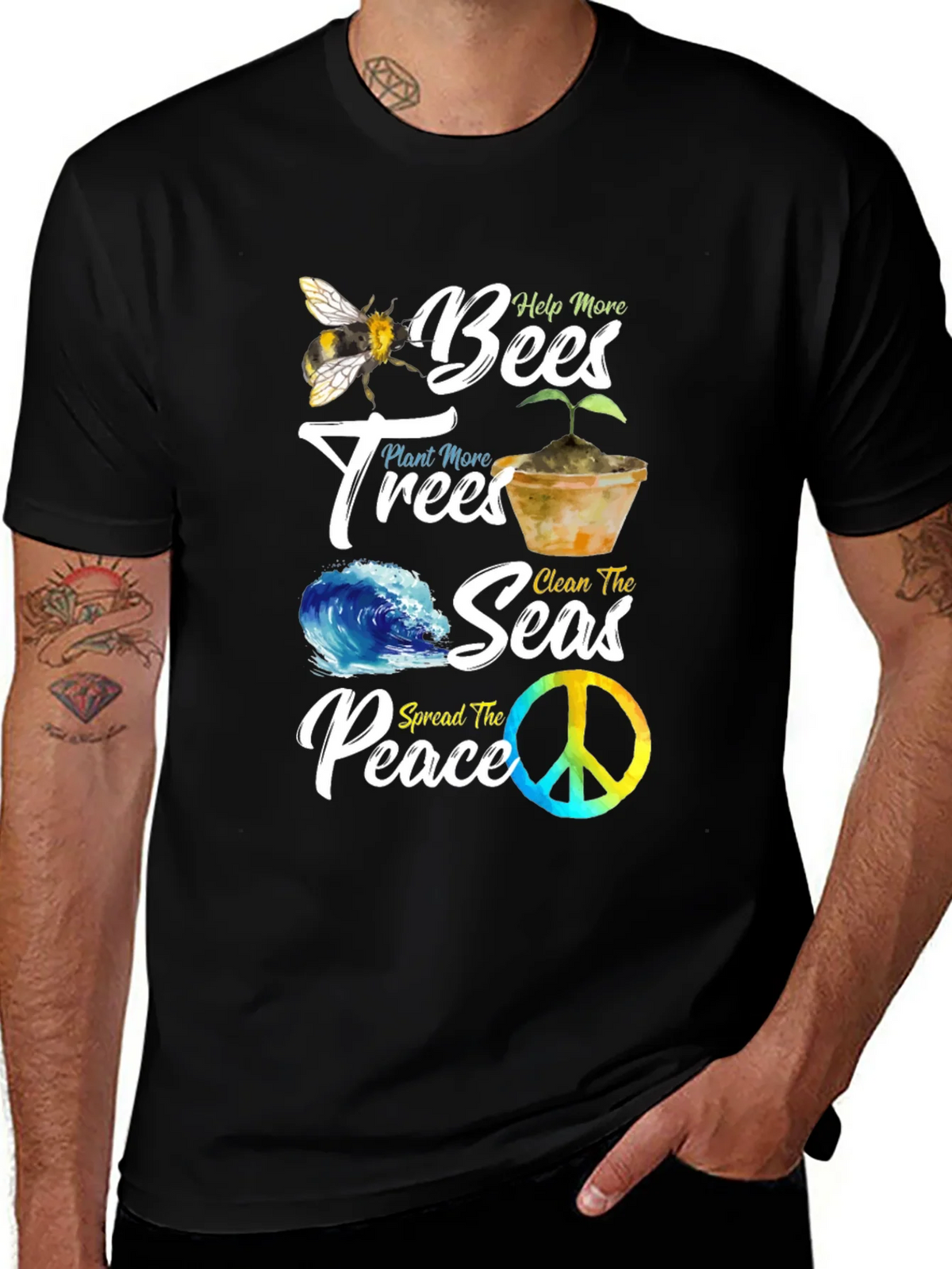 Eco-Friendly Graphic Tee: Bees Trees Seas Peace product image 1