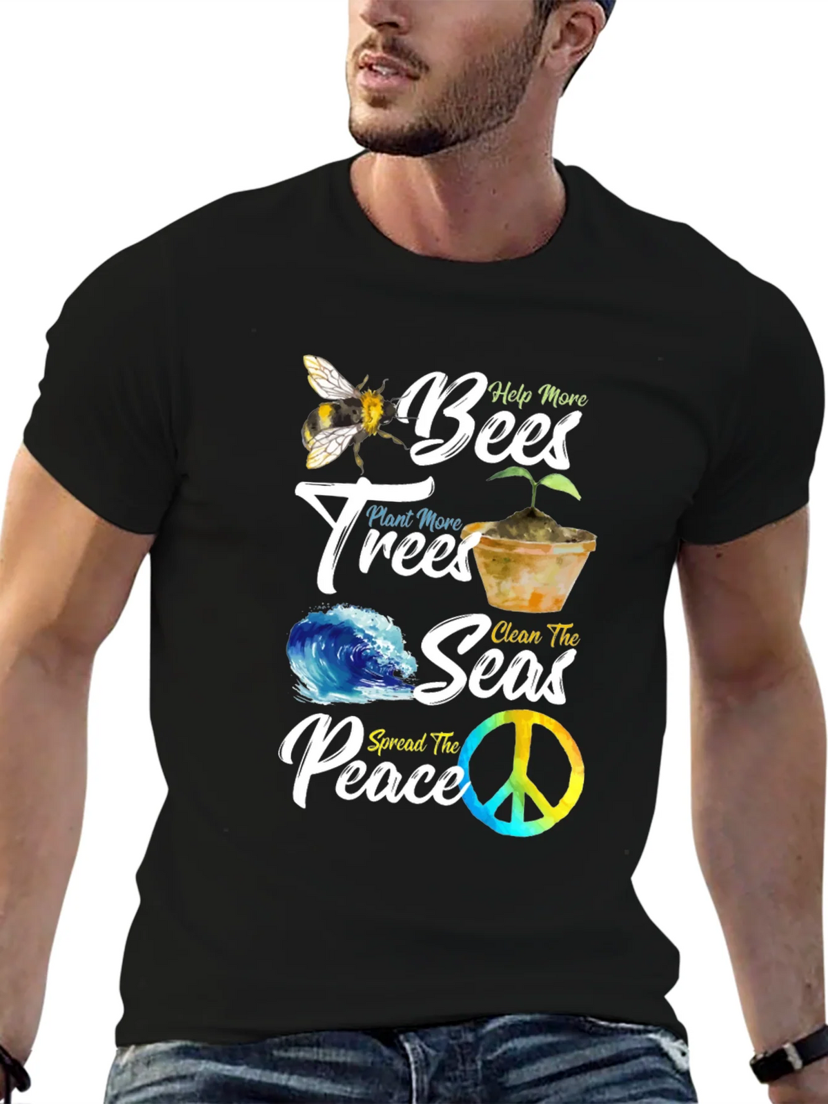 Eco-Friendly Graphic Tee: Bees Trees Seas Peace product image 6