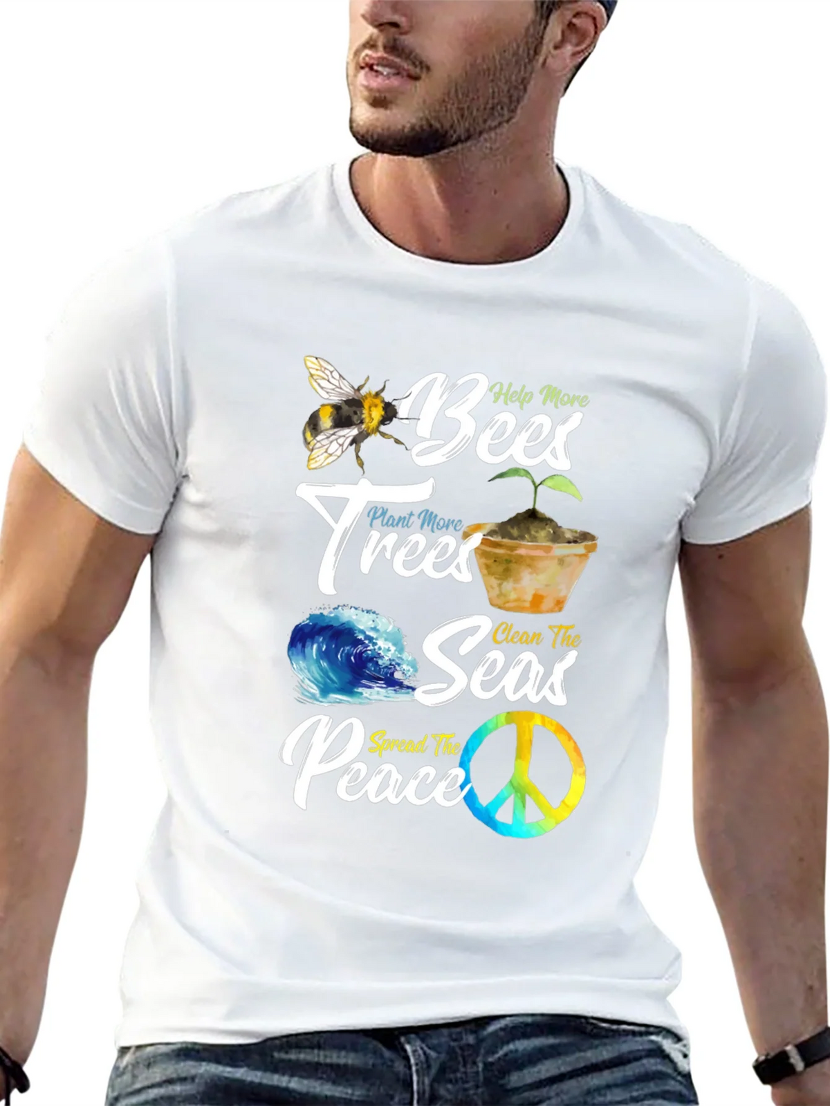Eco-Friendly Graphic Tee: Bees Trees Seas Peace product image 12