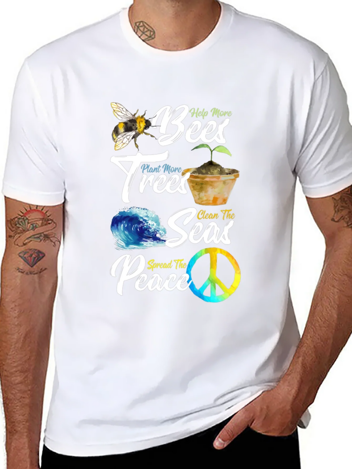 Eco-Friendly Graphic Tee: Bees Trees Seas Peace product image 7