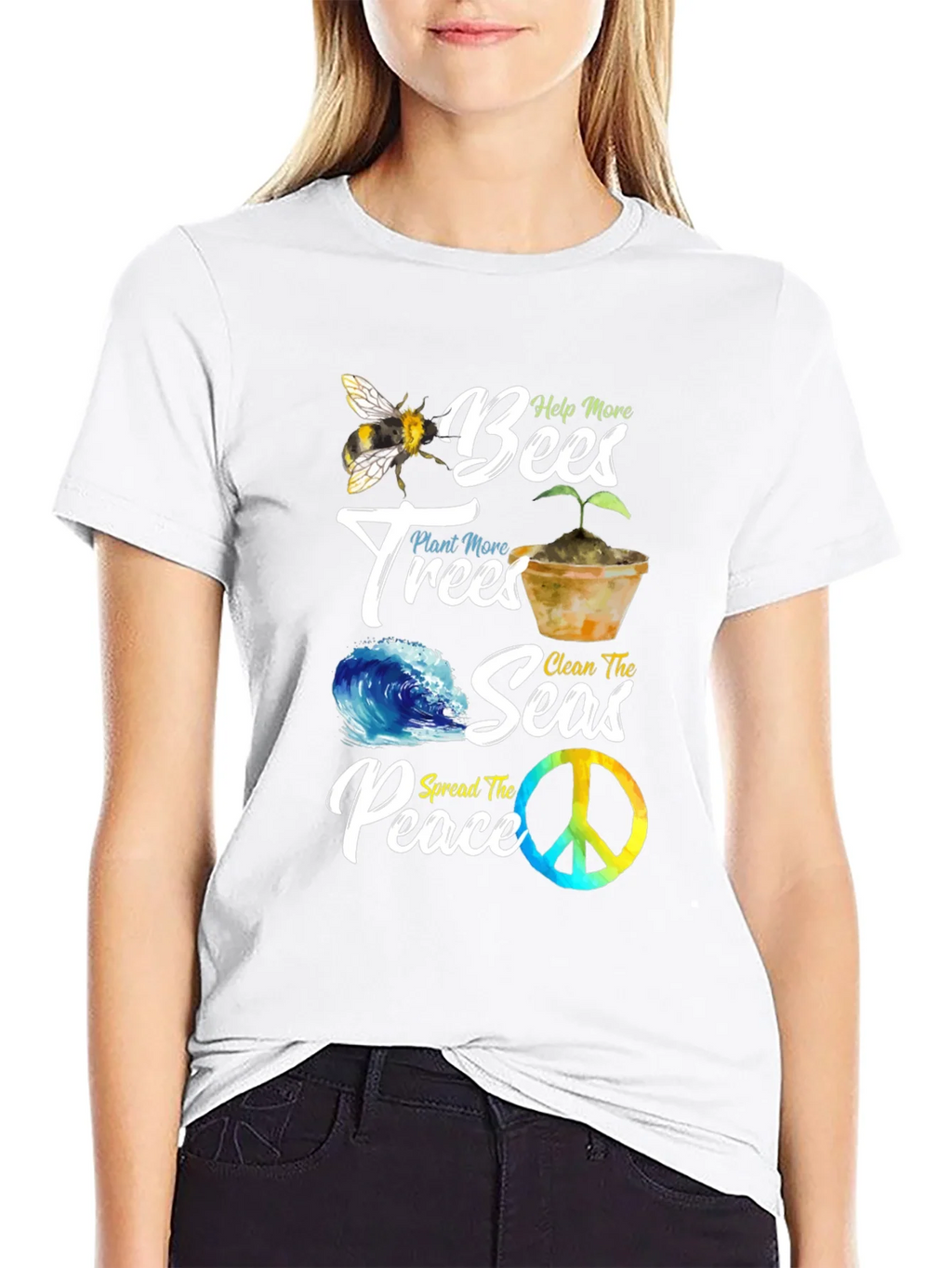 Eco-Friendly Graphic Tee: Bees Trees Seas Peace product image 8