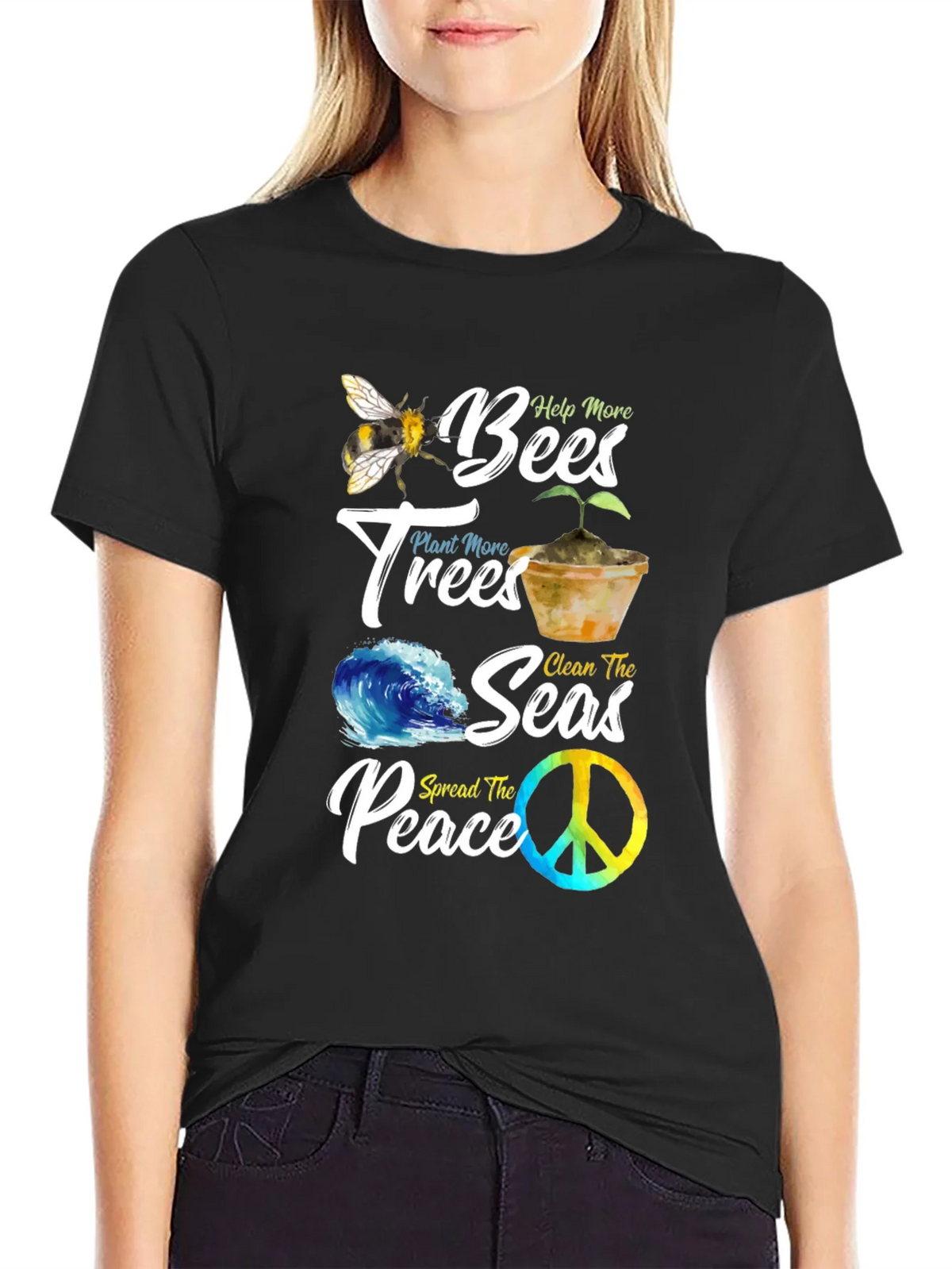 Eco-Friendly Graphic Tee: Bees Trees Seas Peace product image 2