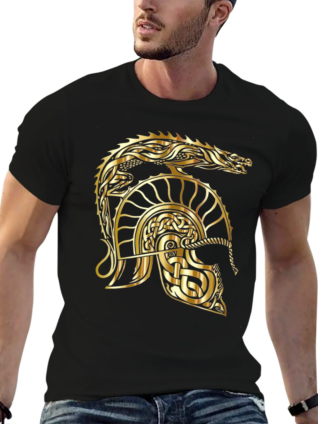 Gold Dragon Helmet Black T-Shirt product image 6
