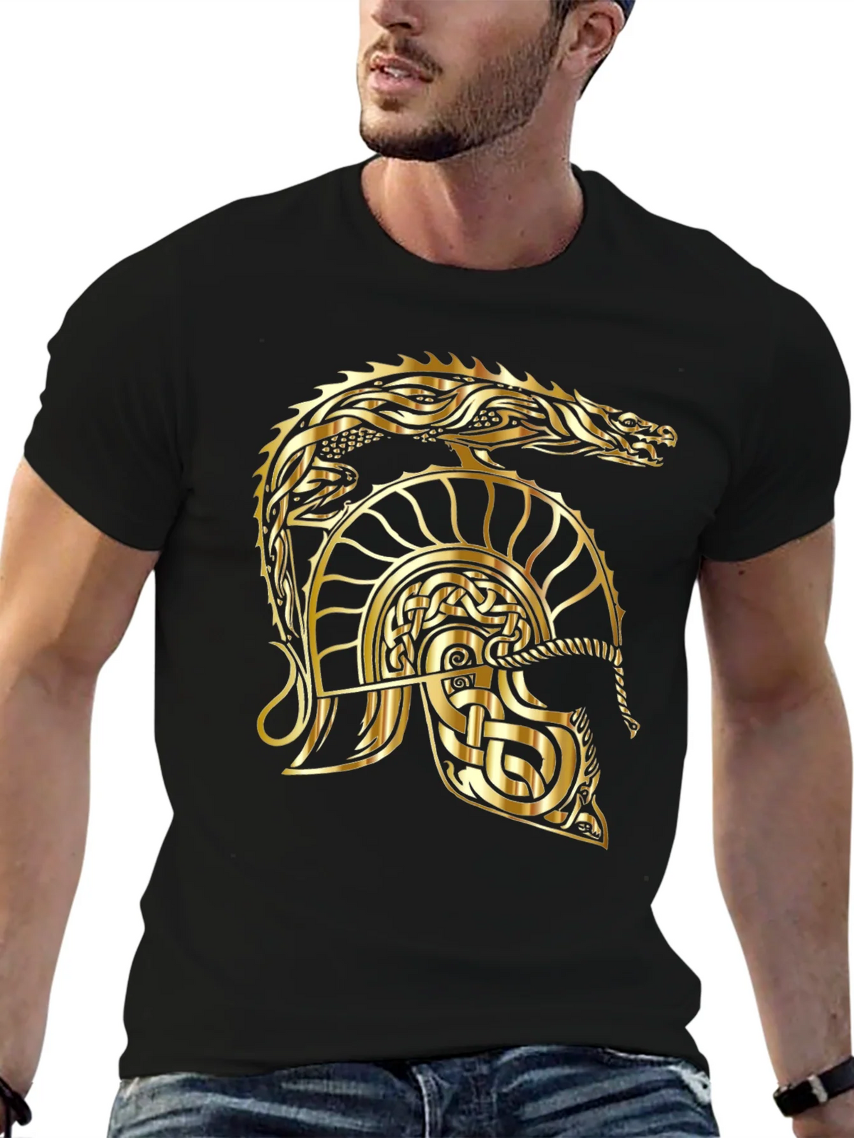 Gold Dragon Helmet Black T-Shirt product image 6