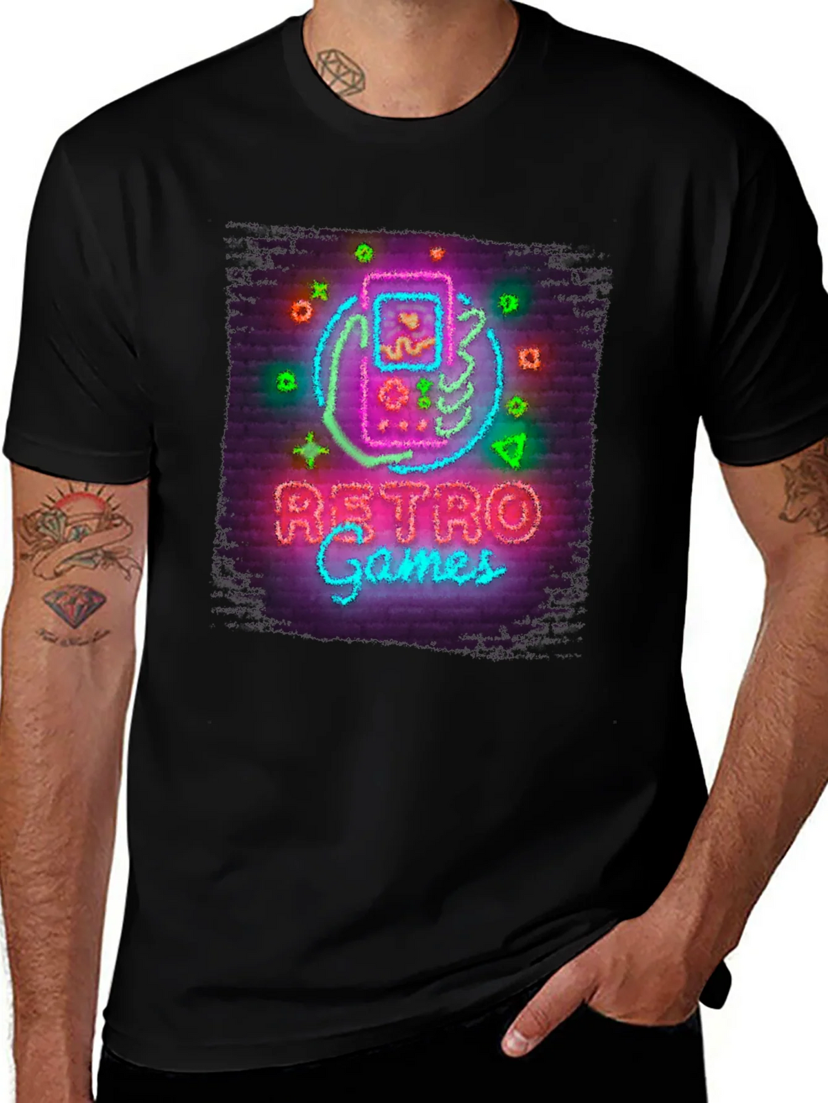 Retro Games Neon Style Graphic Tee - Black Cotton T-Shirt product image 1