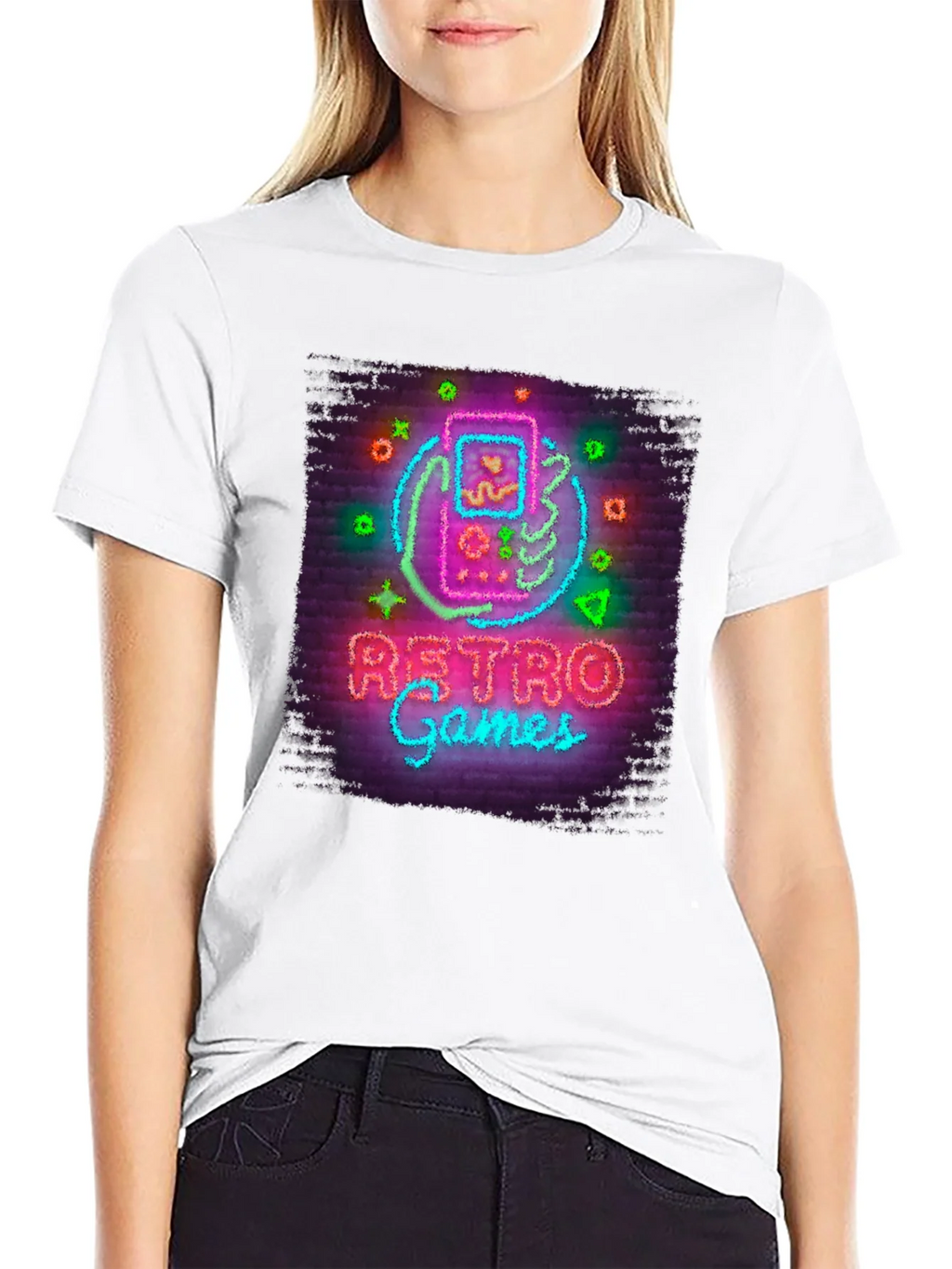 Retro Games Neon Style Graphic Tee - Black Cotton T-Shirt product image 8