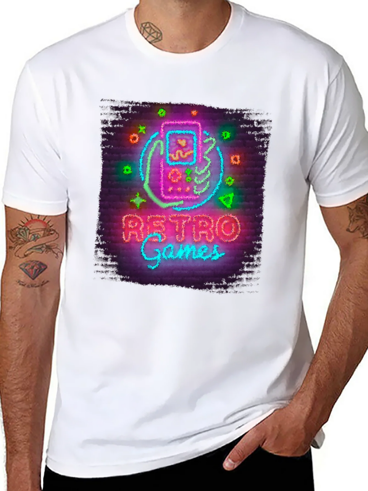 Retro Games Neon Style Graphic Tee - Black Cotton T-Shirt product image 7