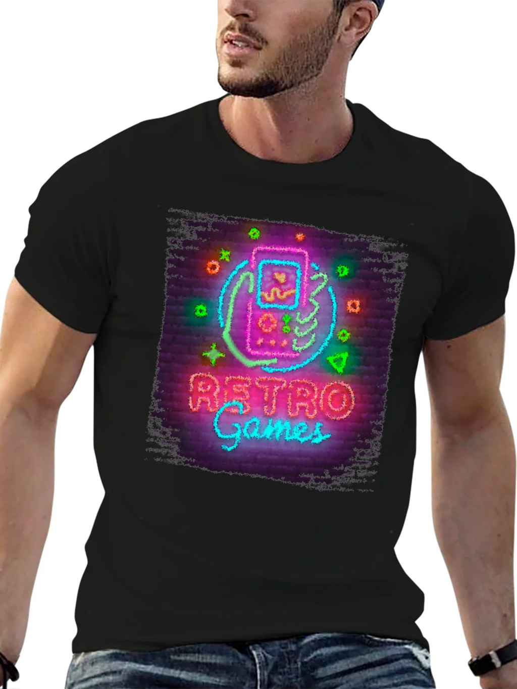 Retro Games Neon Style Graphic Tee - Black Cotton T-Shirt product image 6