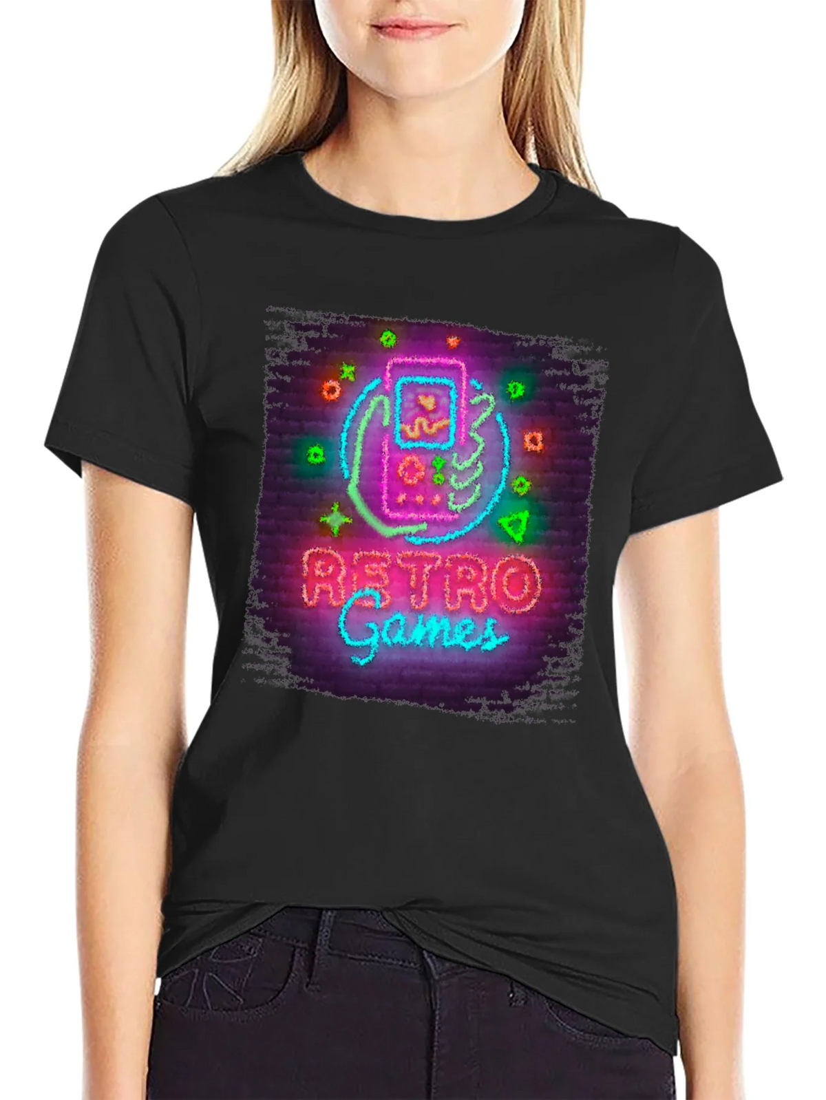 Retro Games Neon Style Graphic Tee - Black Cotton T-Shirt product image 2