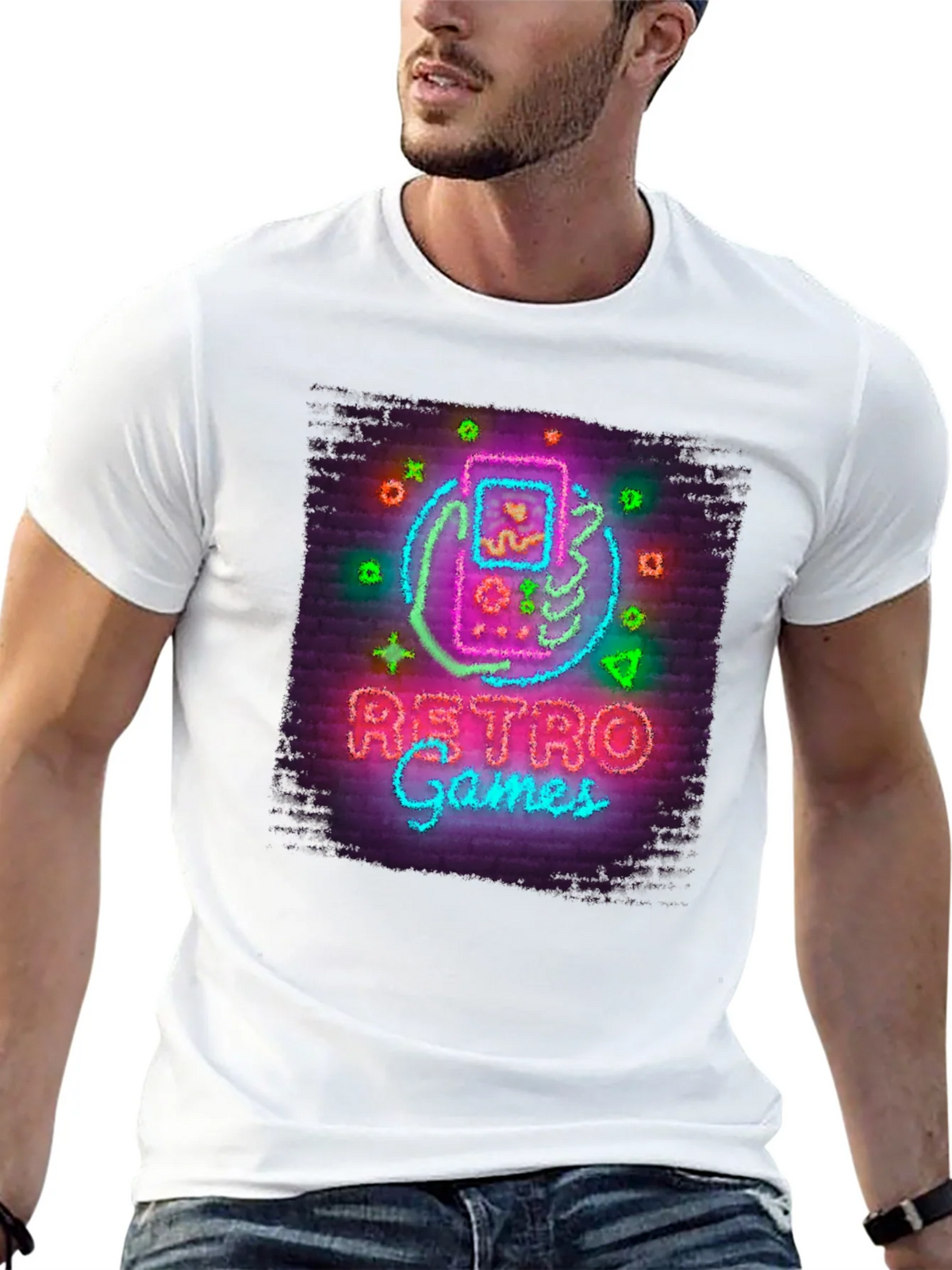 Retro Games Neon Style Graphic Tee - Black Cotton T-Shirt product image 12