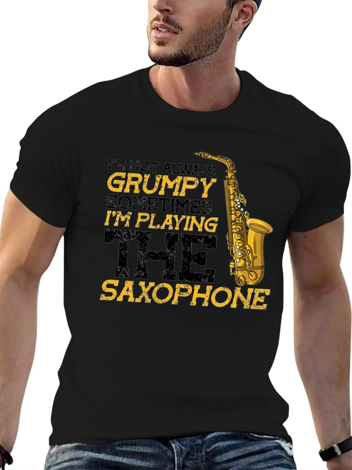 Grumpy Saxophone Player Black T-Shirt product image 6