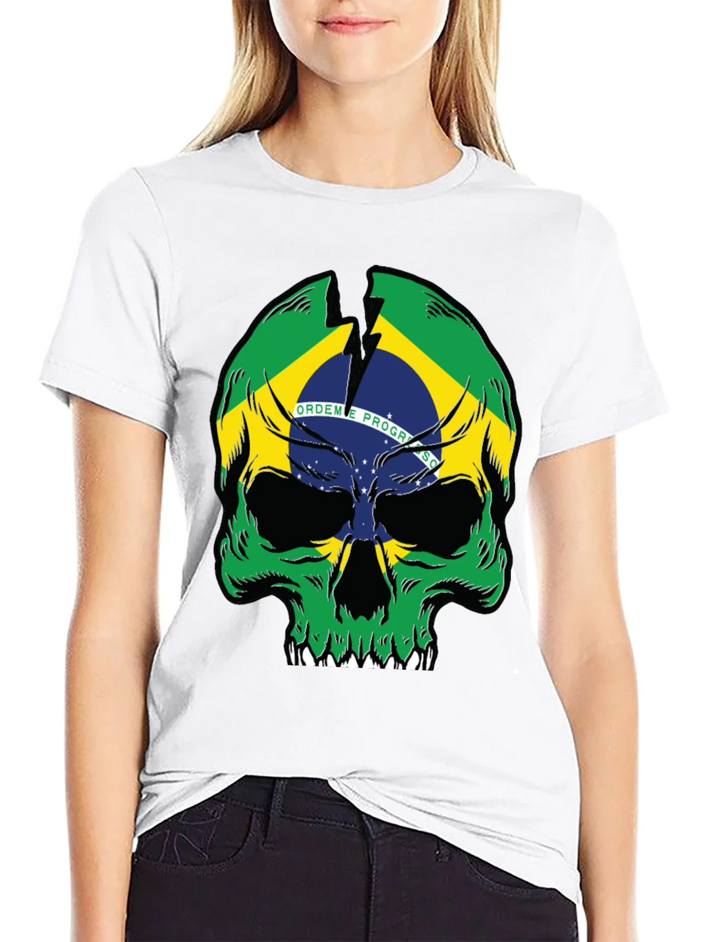 Brazil Flag Skull Graphic T-Shirt - Black product image 8
