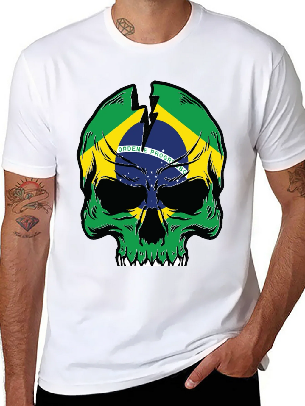Brazil Flag Skull Graphic T-Shirt - Black product image 7