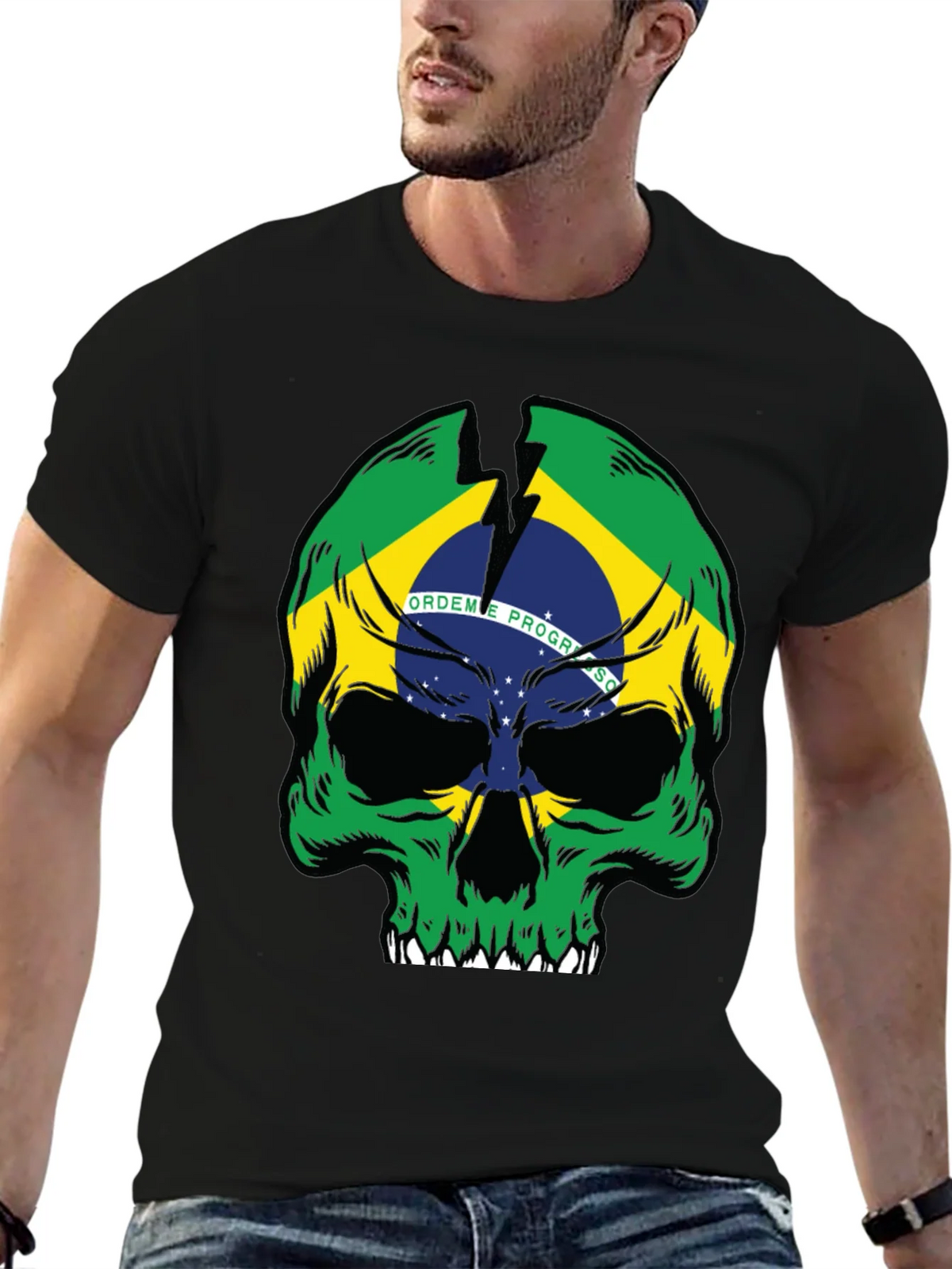 Brazil Flag Skull Graphic T-Shirt - Black product image 6