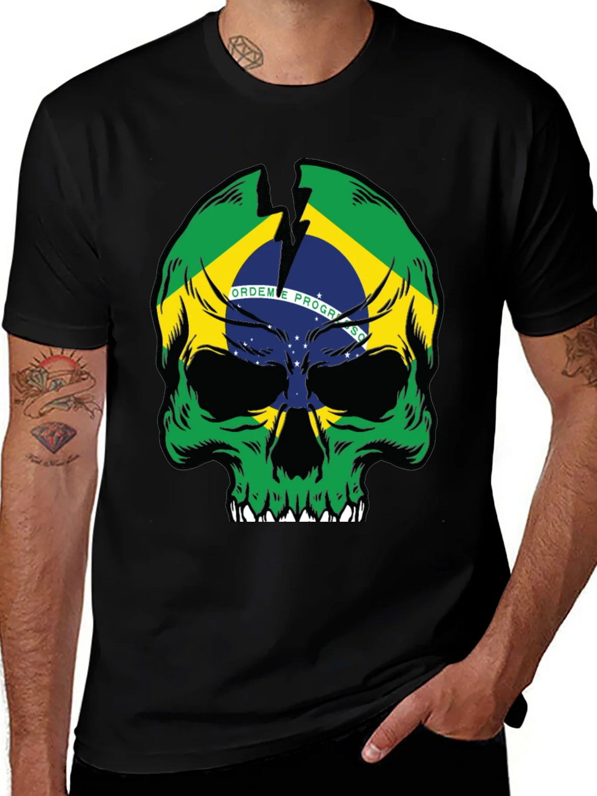 Brazil Flag Skull Graphic T-Shirt - Black product image 1