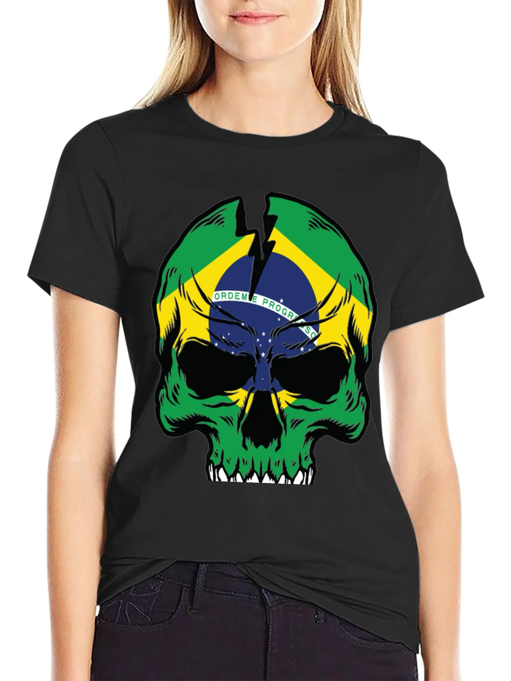 Brazil Flag Skull Graphic T-Shirt - Black product image 2