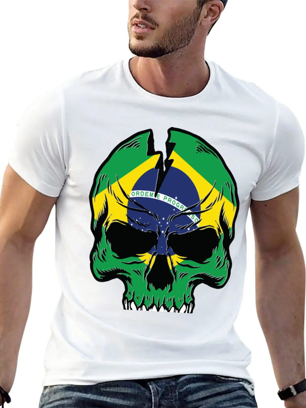 Brazil Flag Skull Graphic T-Shirt - Black product image 12