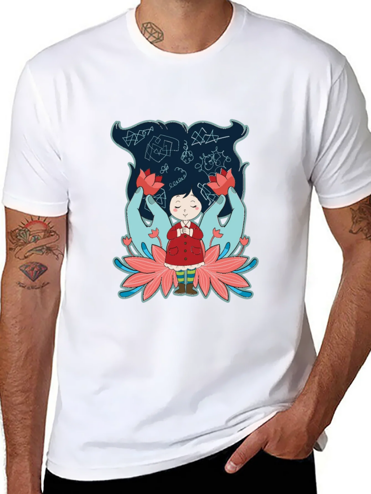 Unique Graphic Tee: Girl Hands & Lotus Design product image 7