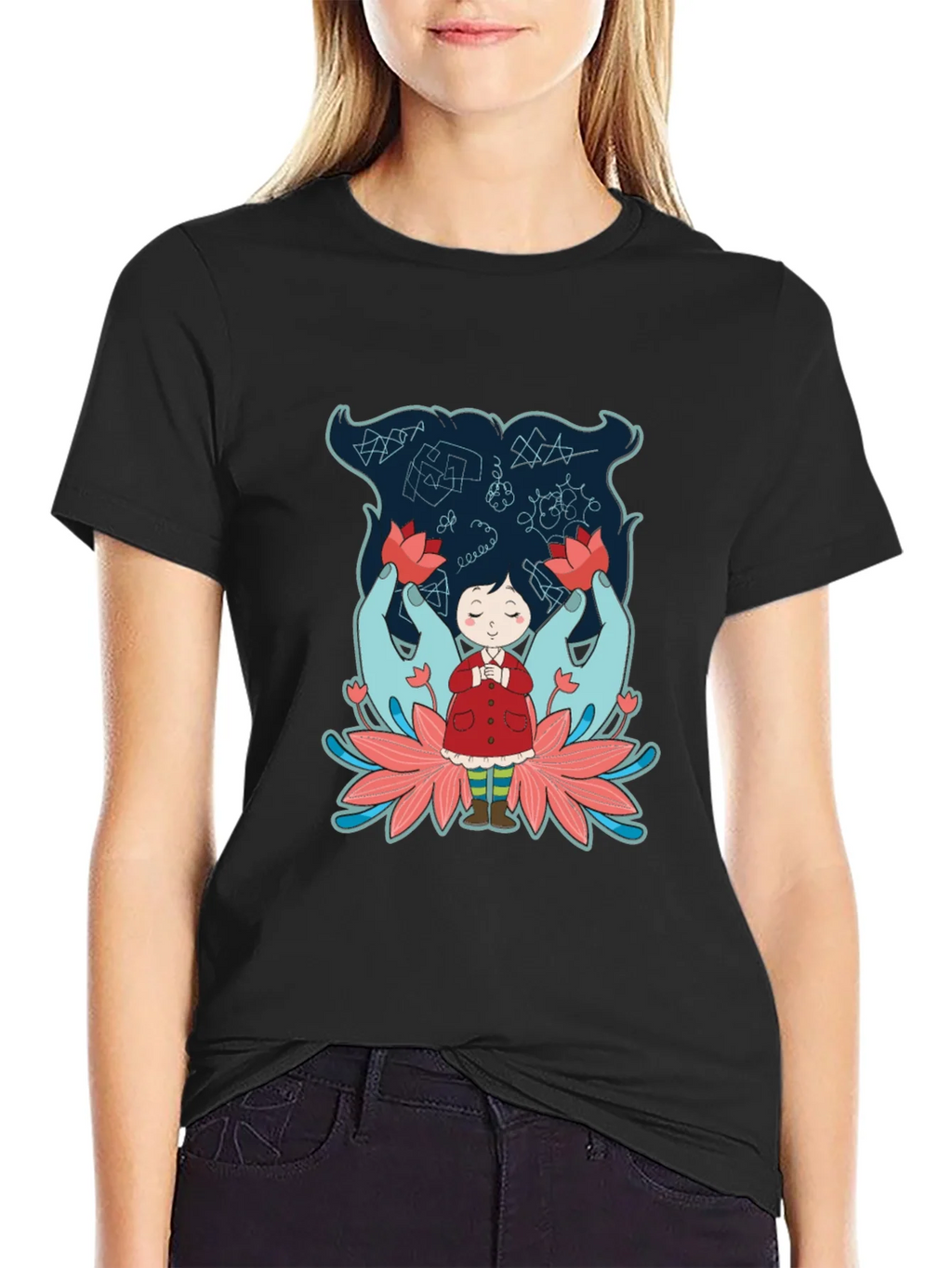 Unique Graphic Tee: Girl Hands & Lotus Design product image 2
