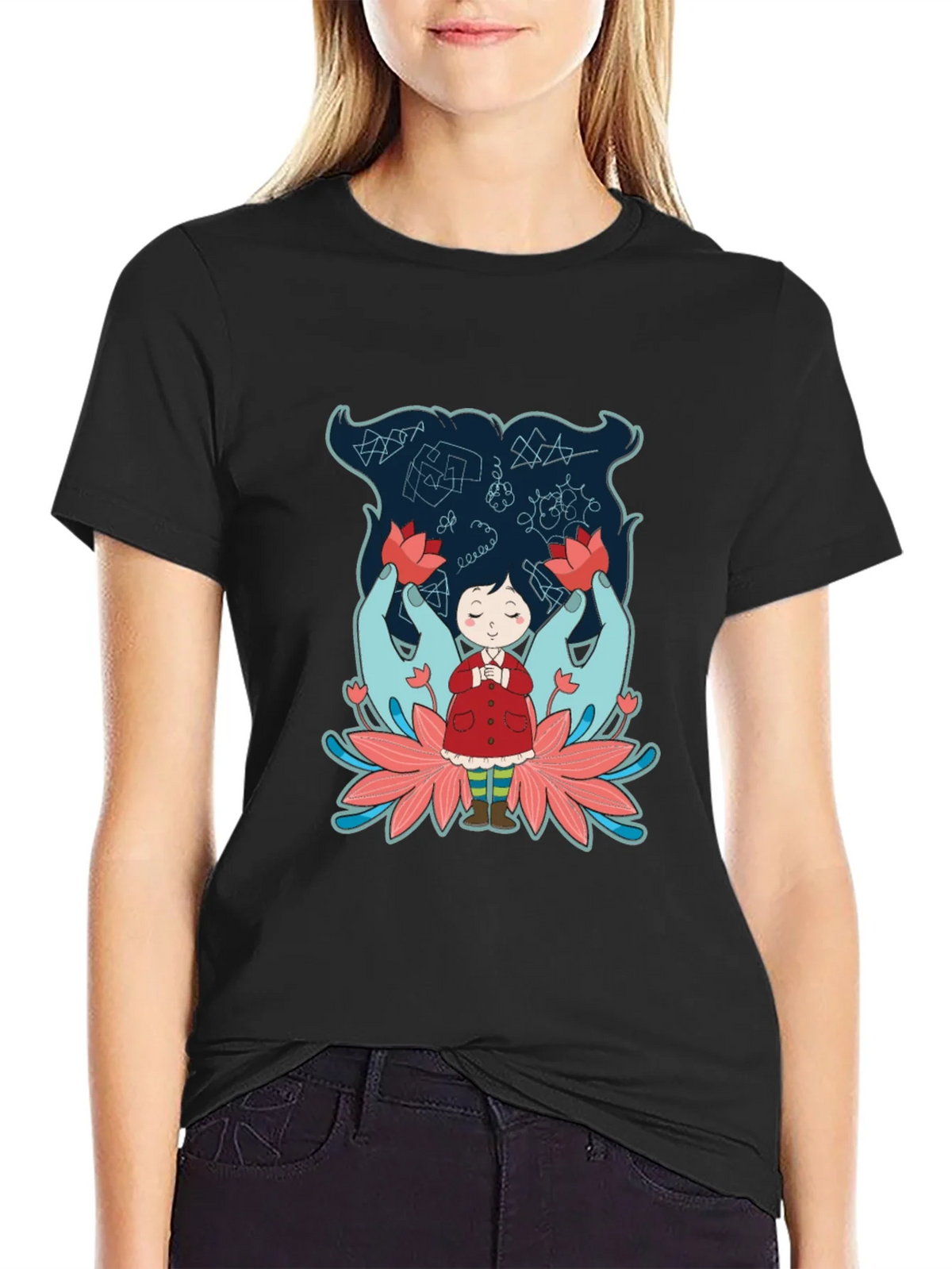 Unique Graphic Tee: Girl Hands & Lotus Design product image 2