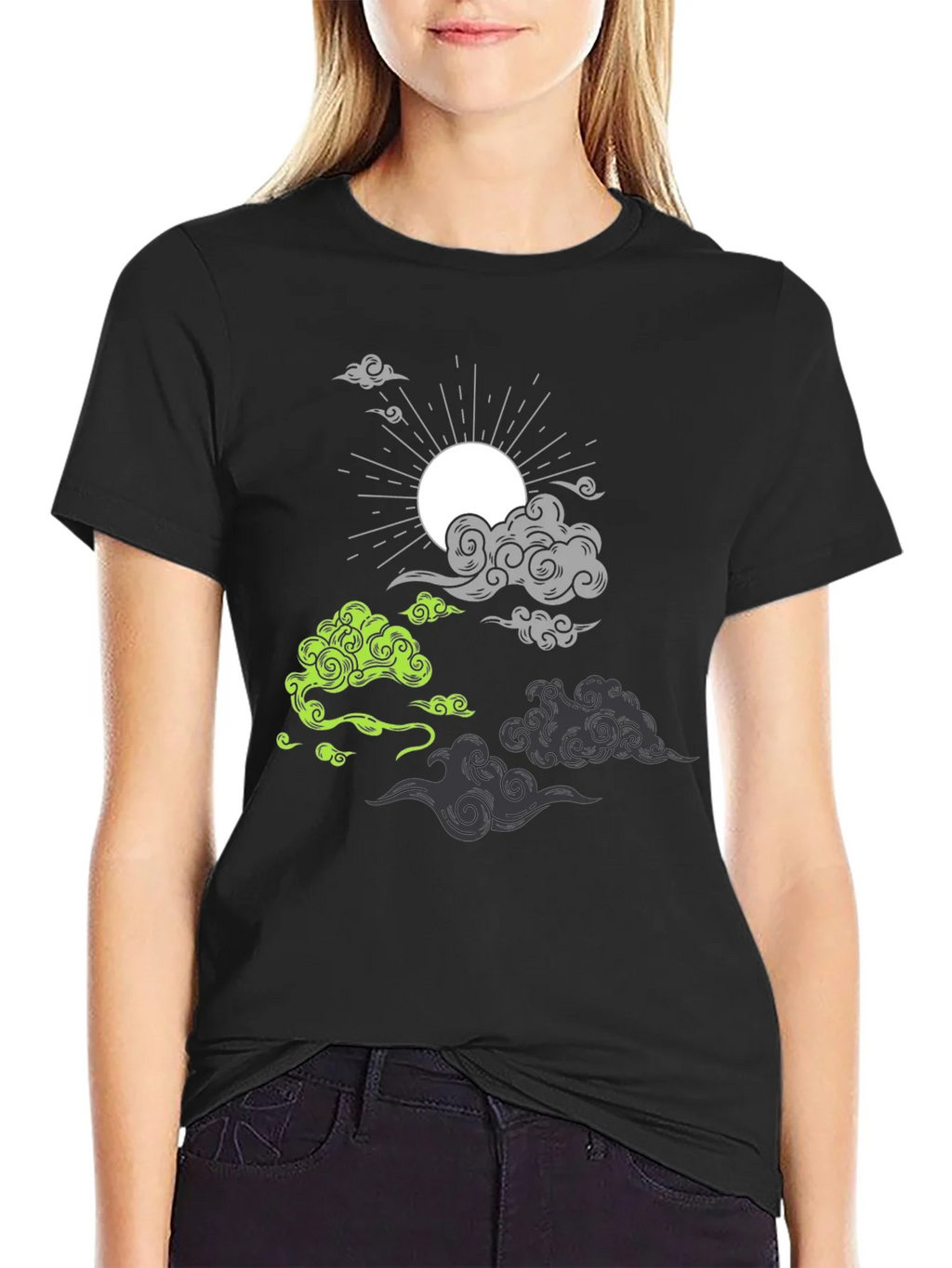 Black T-Shirt with Cloud and Sun Graphic product image 2