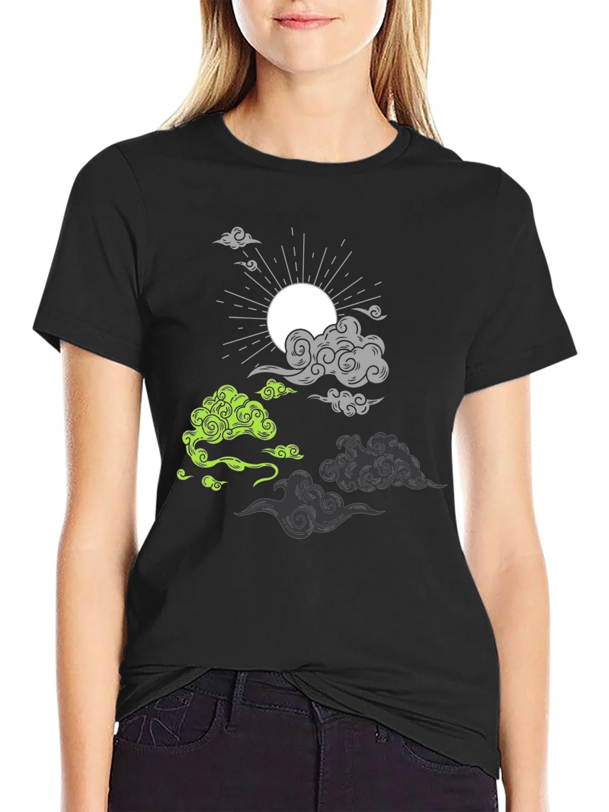 Black T-Shirt with Cloud and Sun Graphic product image 2